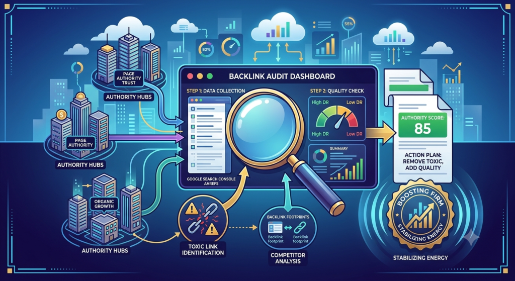 How to Do a Backlink Audit (Step-by-Step) - Premium SEO Analysis Illustration by Boosting Firm