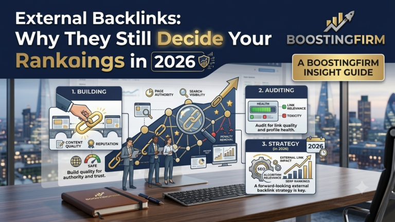 Infographic titled External Backlinks: Why They Still Decide Your Rankings in 2026 by BoostingFirm, highlighting trust factors, competitive keyword ranking signals, and long-term search stability.